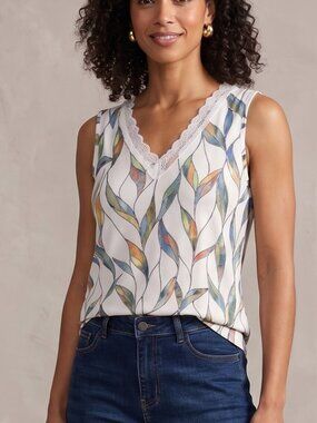 NWT | Stained Glass Leaf Print Lace Trim V-Neck Sleeveless Tank Top | Medium